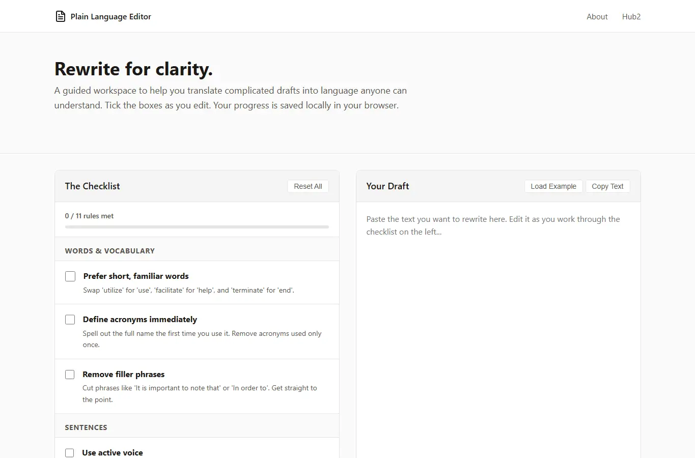 Screenshot of Plain Language Rewrite Checklist interface showing the project page in use